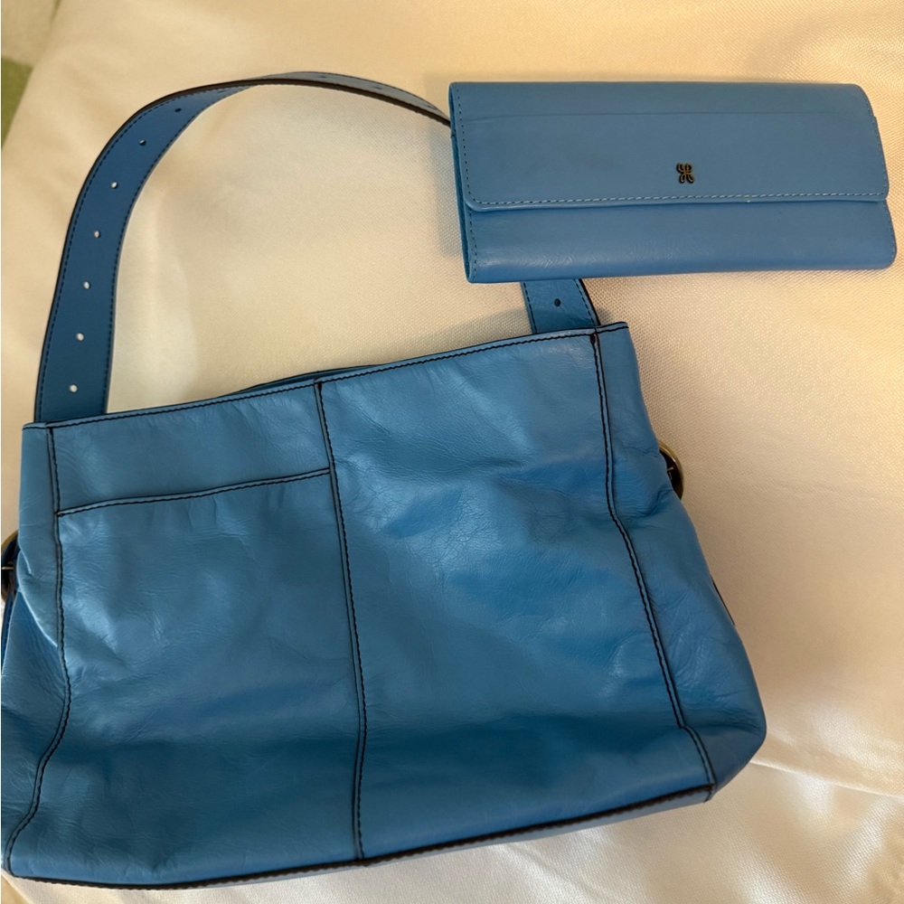 Blue Leather Women's Bag and Wallet Set